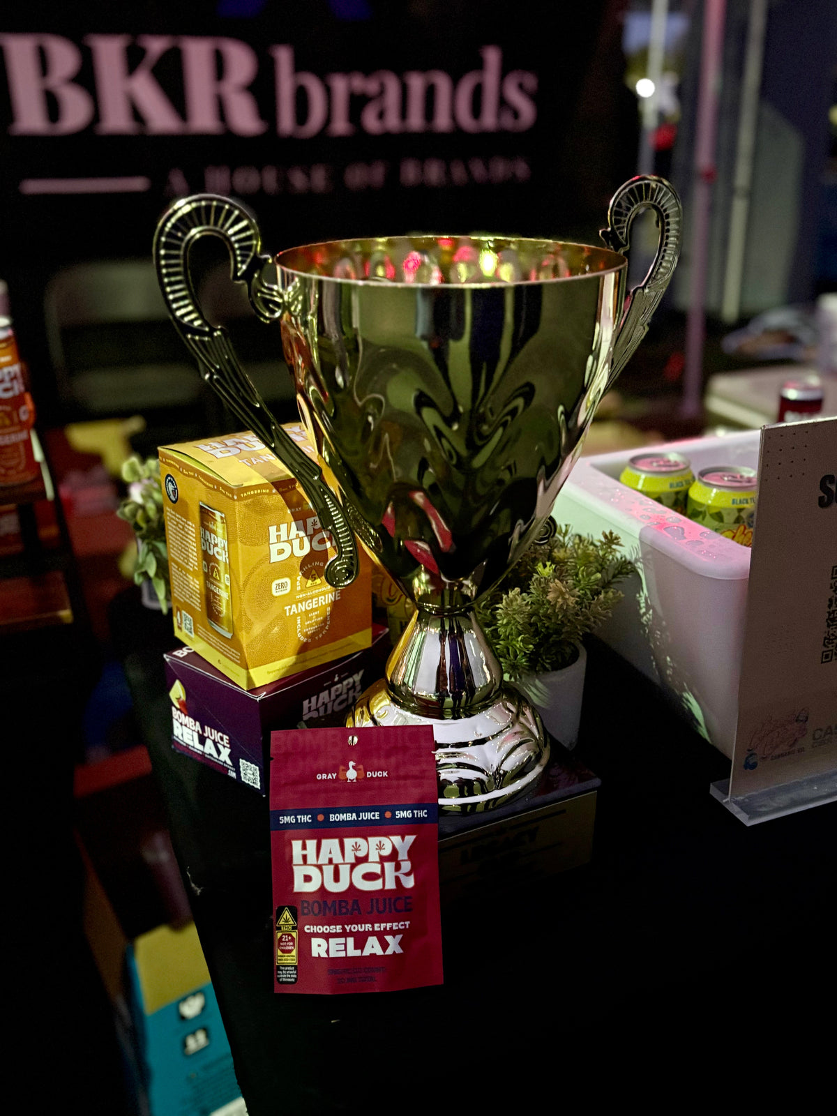 Legacy Cup trophy with Happy Duck Bomba Juice Relax 5mg gummy pouch